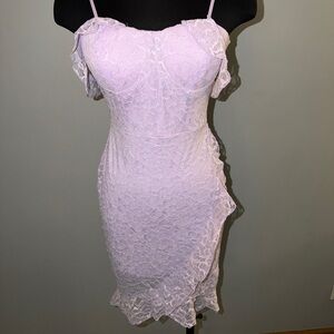 Material Girl Off Shoulder Orchid Bloom Lace Dress in Lilac Small